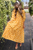 Yellow Flower Print Bracelet Sleeve Buttons Collared Maxi Dress