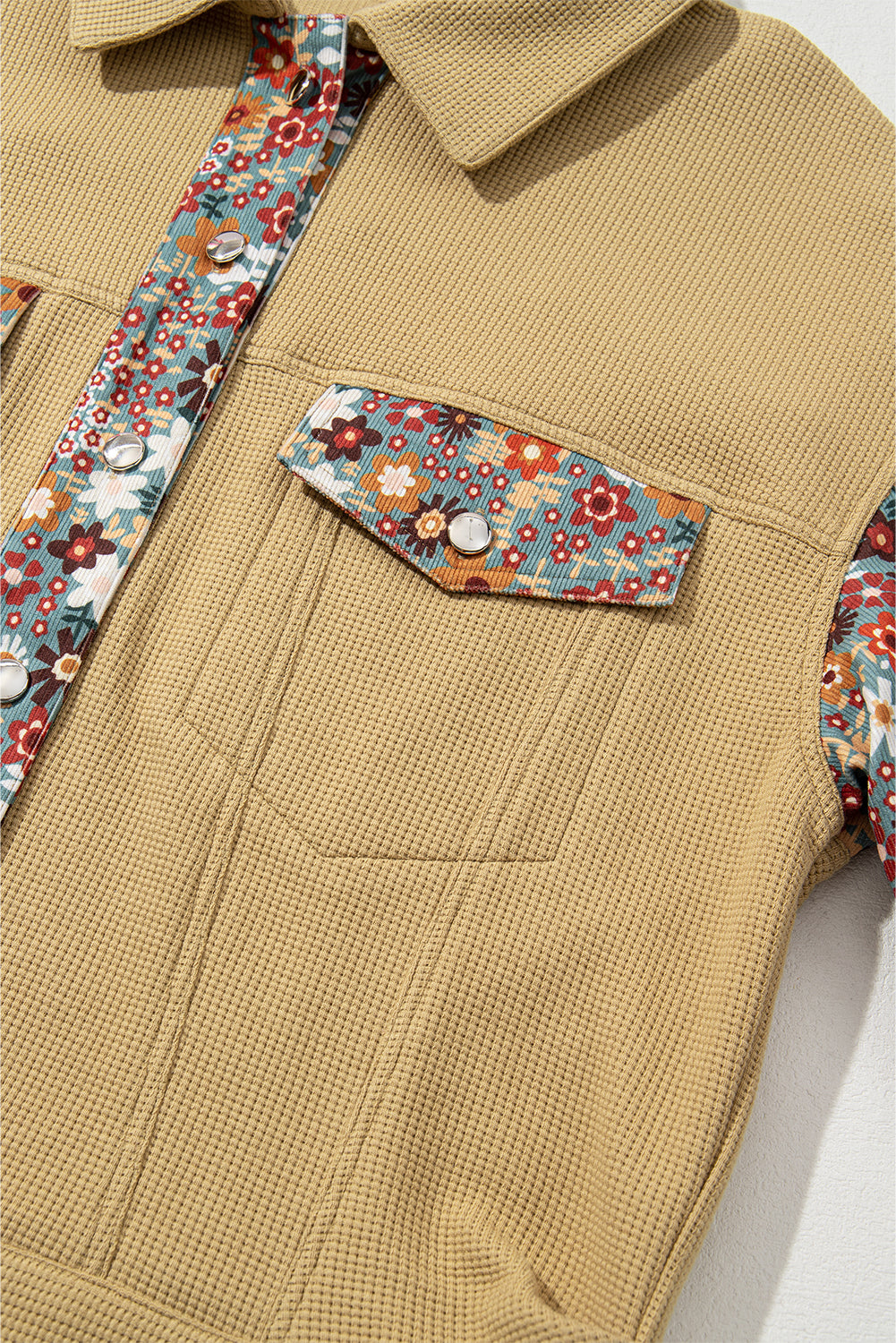 Khaki Waffle Knit Floral Print Patchwork Button Up Jacket