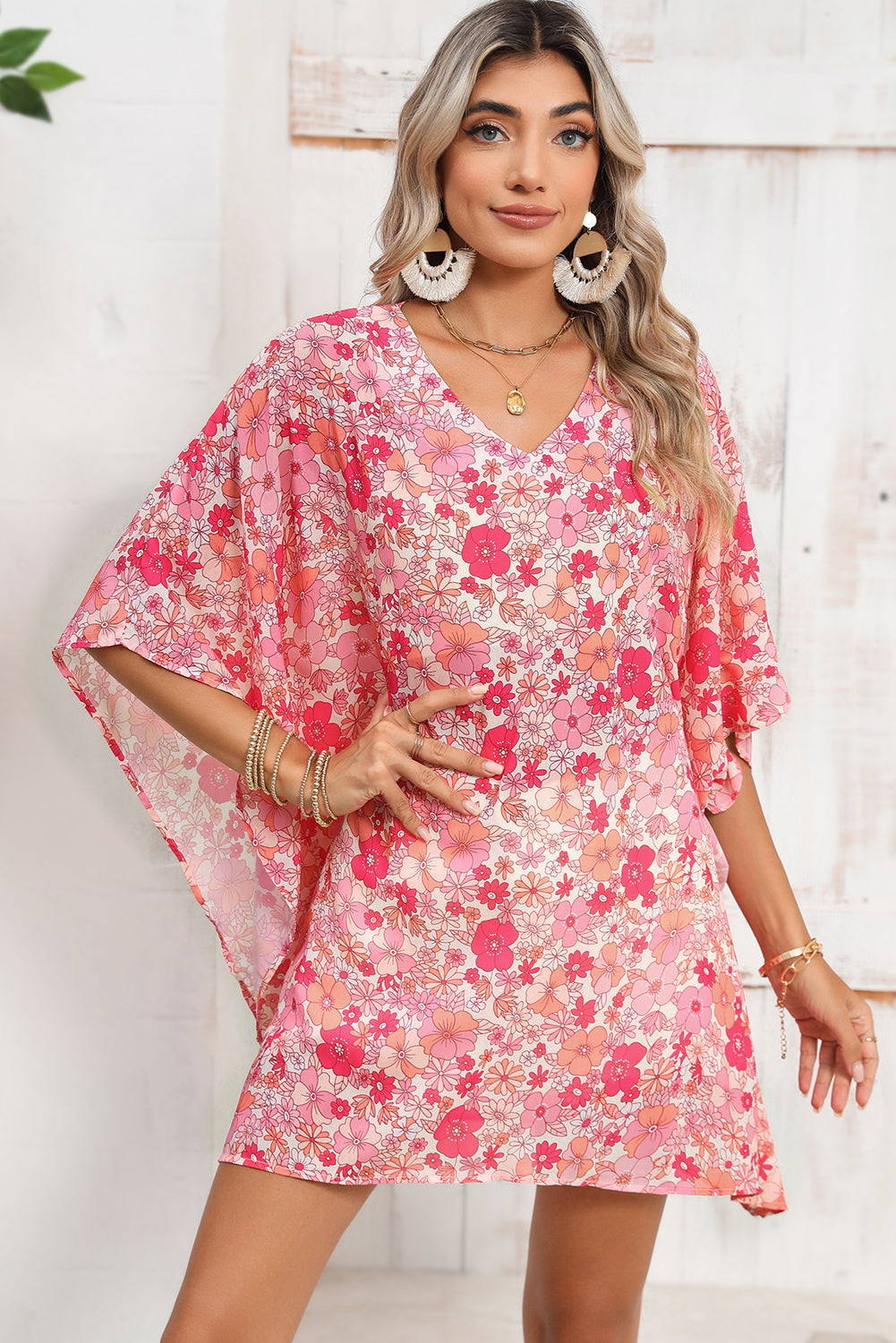 Pink Boho Floral Print V Neck Oversized Blouse