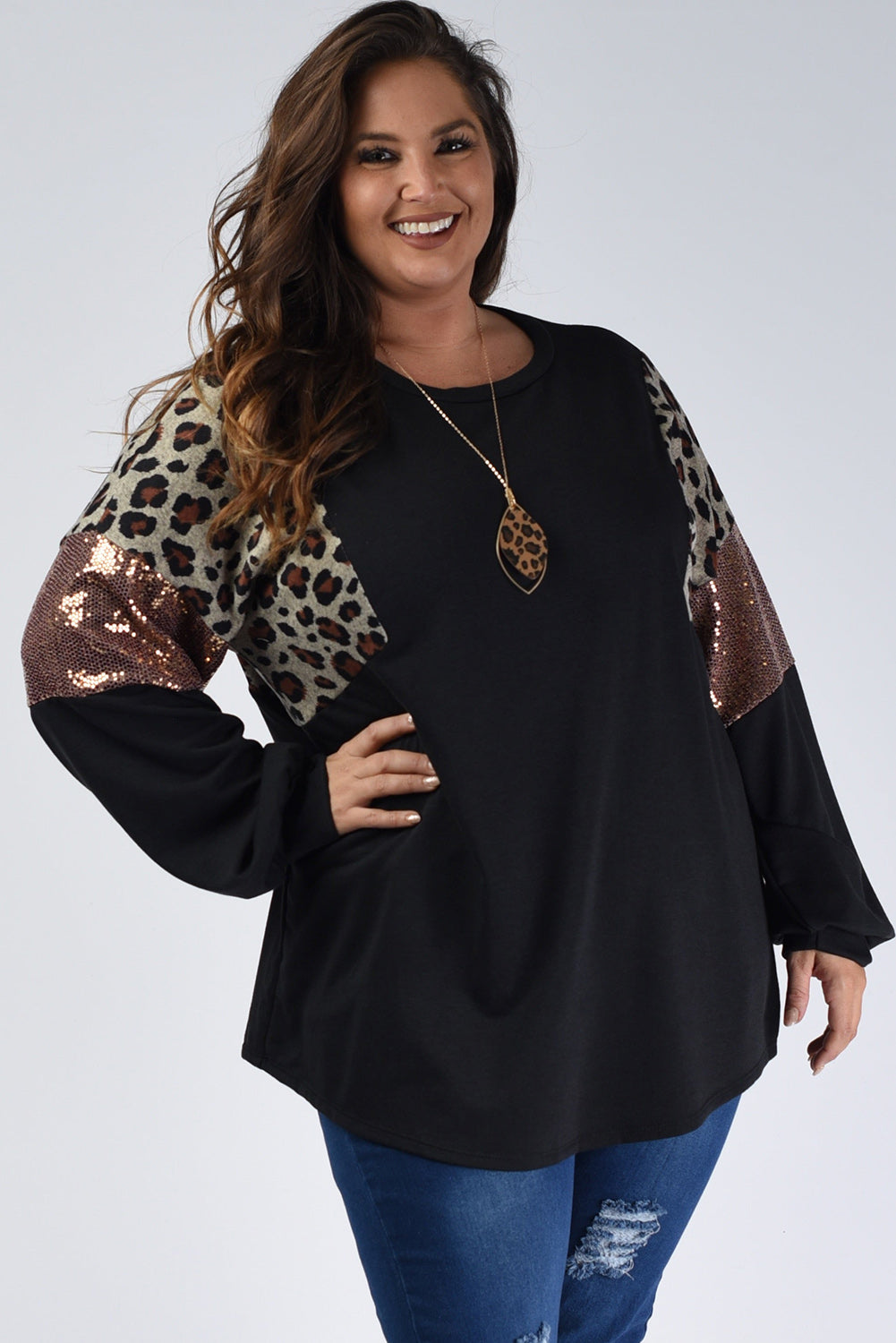 Black Plus Size Leopard Sequin Patchwork Long Sleeve Top