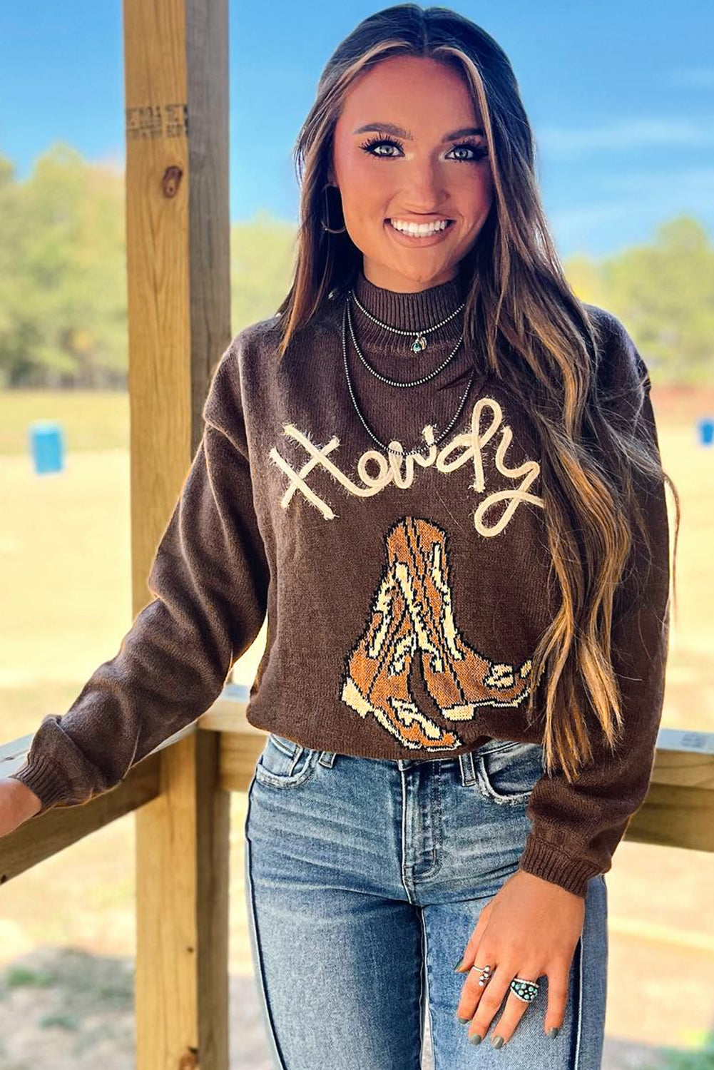 Coffee Howdy Boot Graphic High Neck Sweater