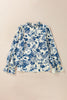 Sky Blue Floral Print Flounce Sleeve Keyhole Back Blouse