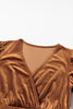 Camel Wrap V Neck Smocked High Waist Velvet Midi Dress