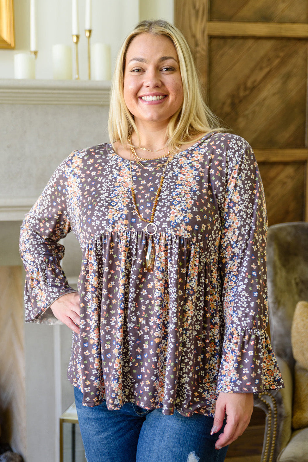 Purple Floral Print Round Neck Plus Size Tunic