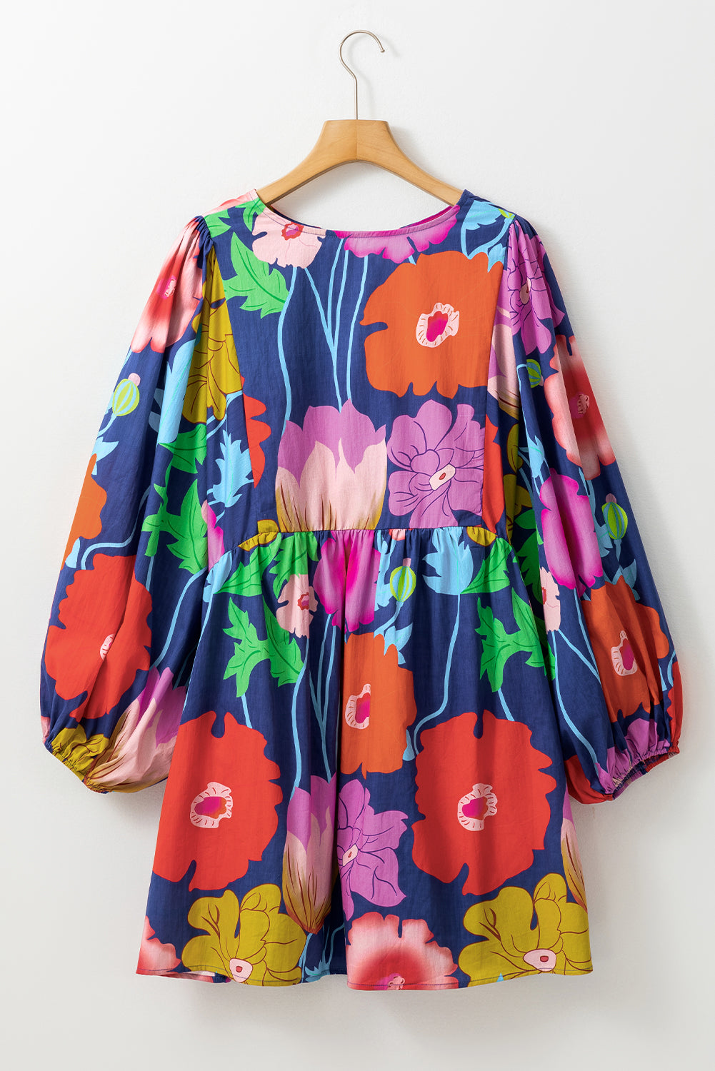 Blue Plus Size Floral V Neck Balloon Sleeve Tunic