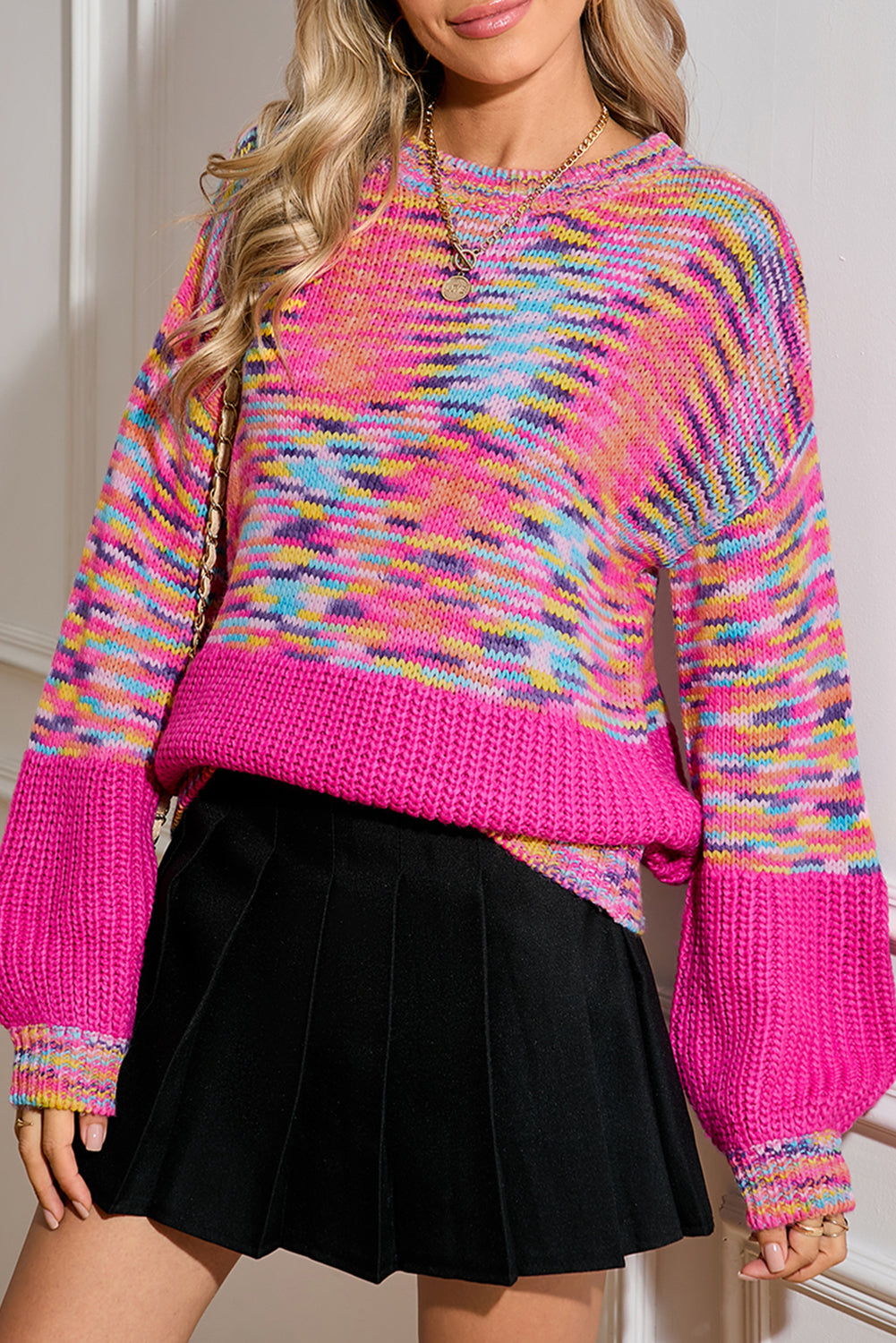 Bright Pink Confetti Drop Shoulder Crewneck Sweater