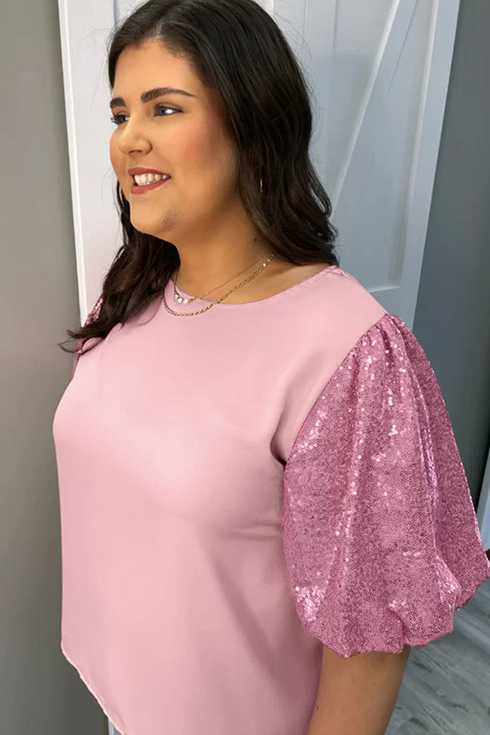 Pink Contrast Sequin Bubble Sleeve Plus Size Blouse