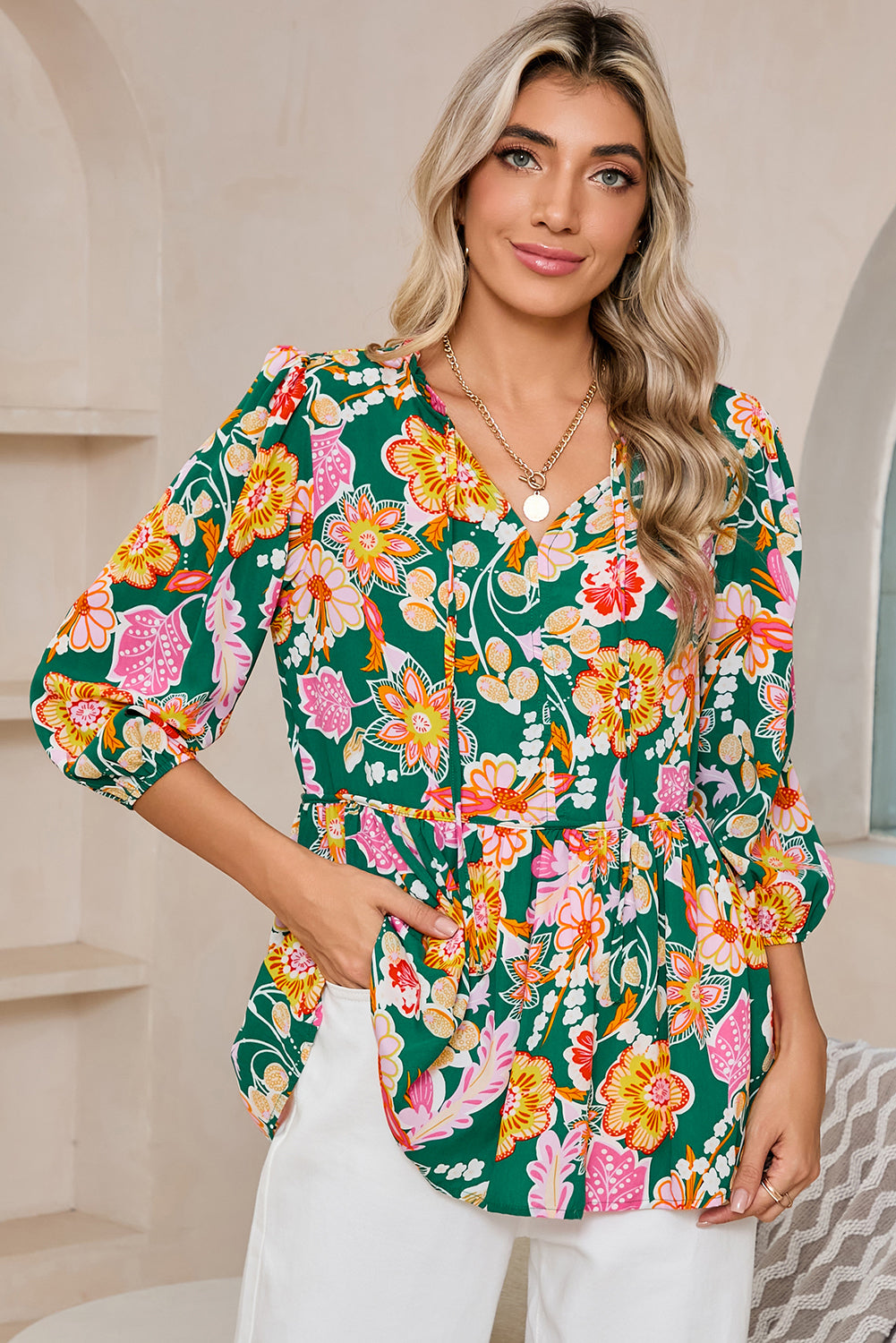 Green Floral Print V Neck Boho Babydoll Top