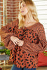 Brown Leopard V Neck Lantern Sleeve Tunic Blouse