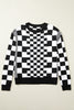 Black Checkered Print Drop Shoulder Round Neck Sweater