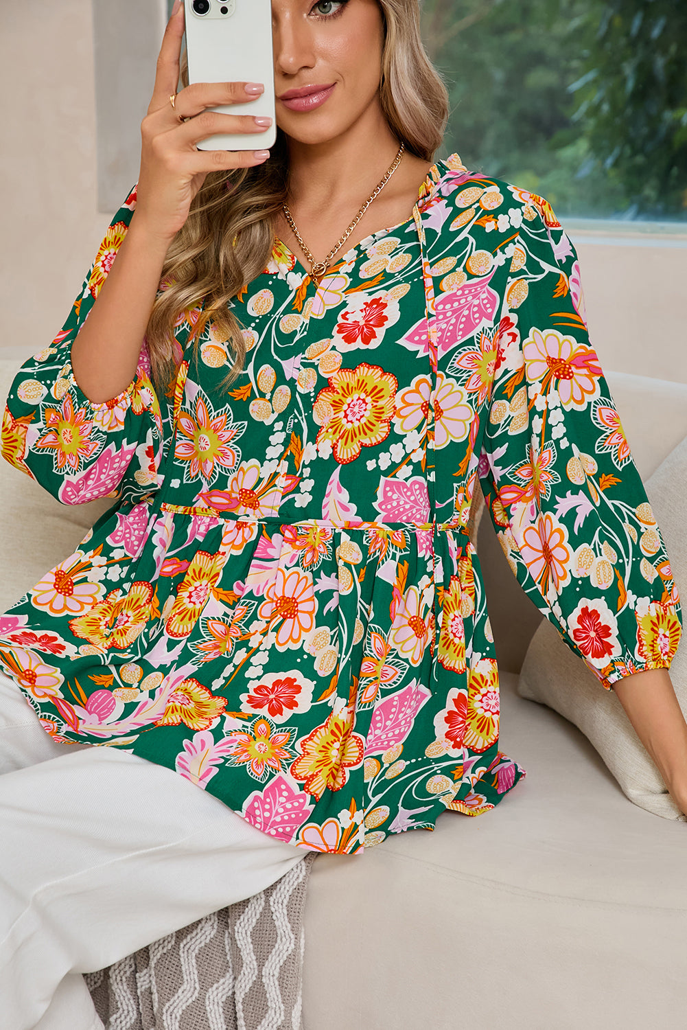 Green Floral Print V Neck Boho Babydoll Top