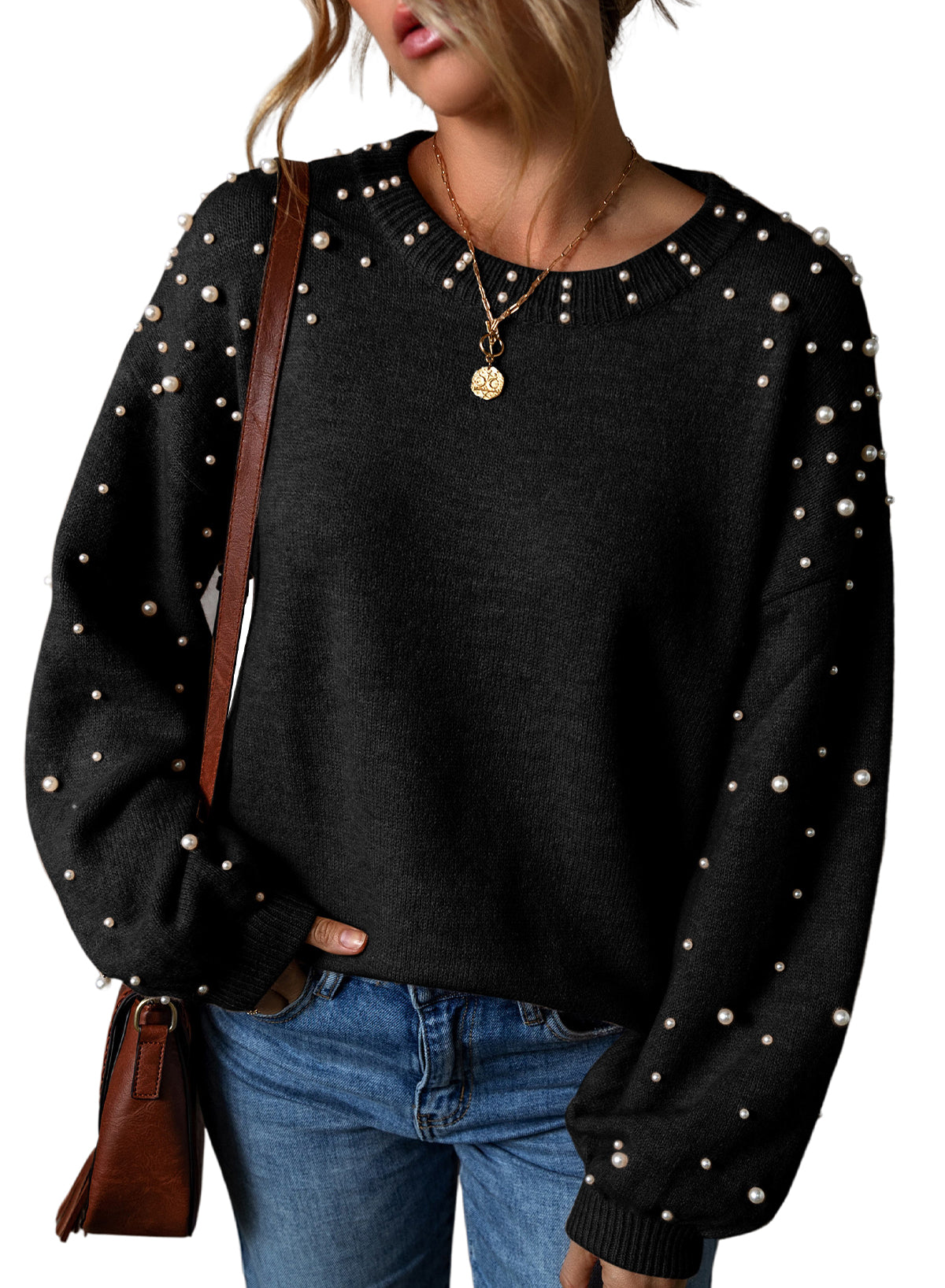 Evergreen Pearl Drop Shoulder Round Neck Sweater