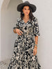 Smocked Printed Tie Neck Long Sleeve Dress