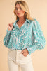 Green Paisley Print Smocked Cuffs Buttoned Loose Shirt