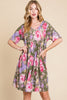 BOMBOM Flower Print V-Neck Ruched Dress