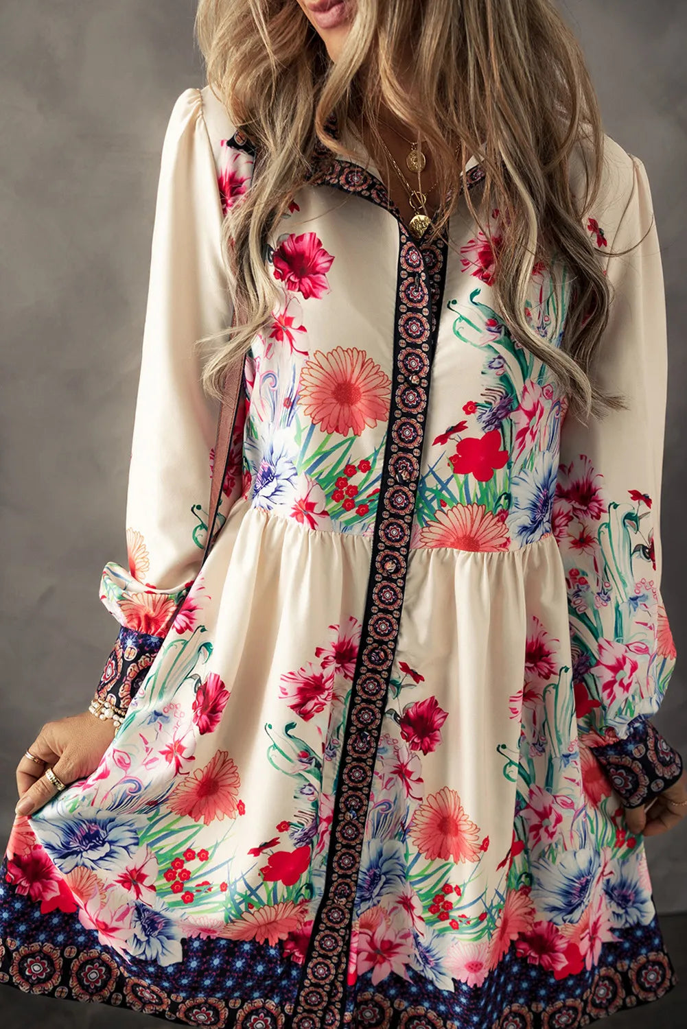 Flower Button Down Lantern Sleeve Tunic