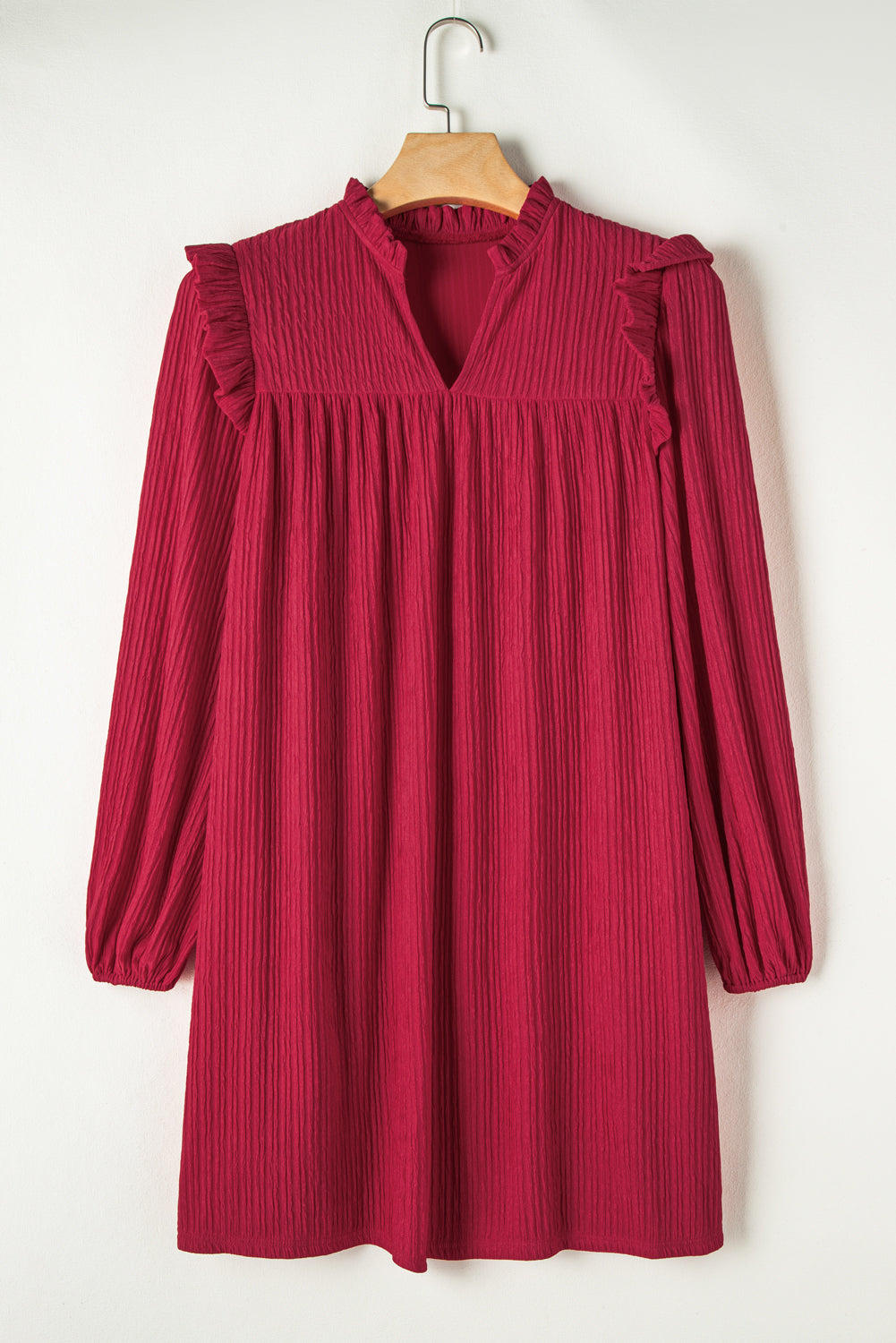 Fiery Red Textured Ruffled Trim V Neck Loose Fit Tunic