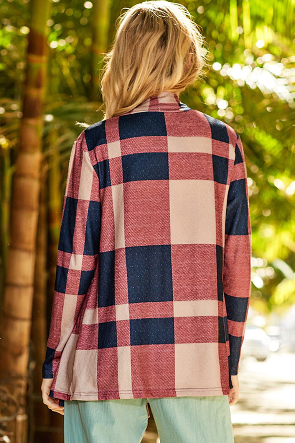 Red Plaid Casual Draped Open Front Cardigan