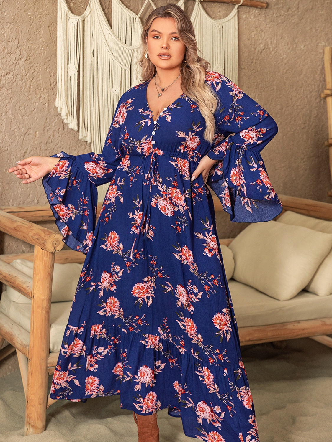 Plus Size Printed Half Button Flare Sleeve Dress