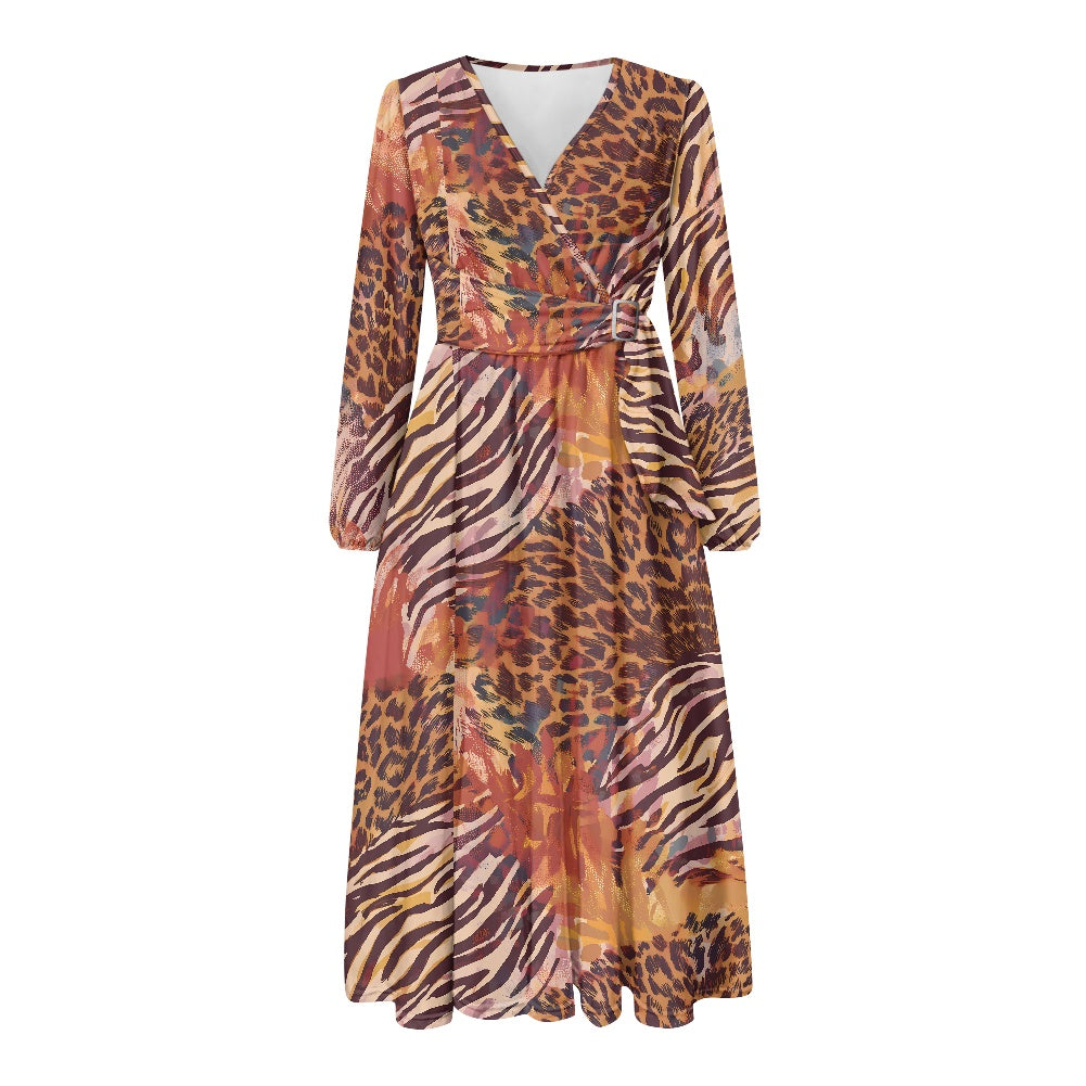 Leopard and Zebra Waist Long Sleeve Tie Dress