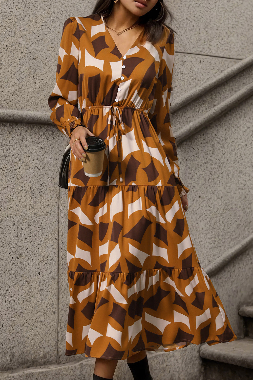 Perfee Printed Tied Pocketed Lantern Sleeve Dress