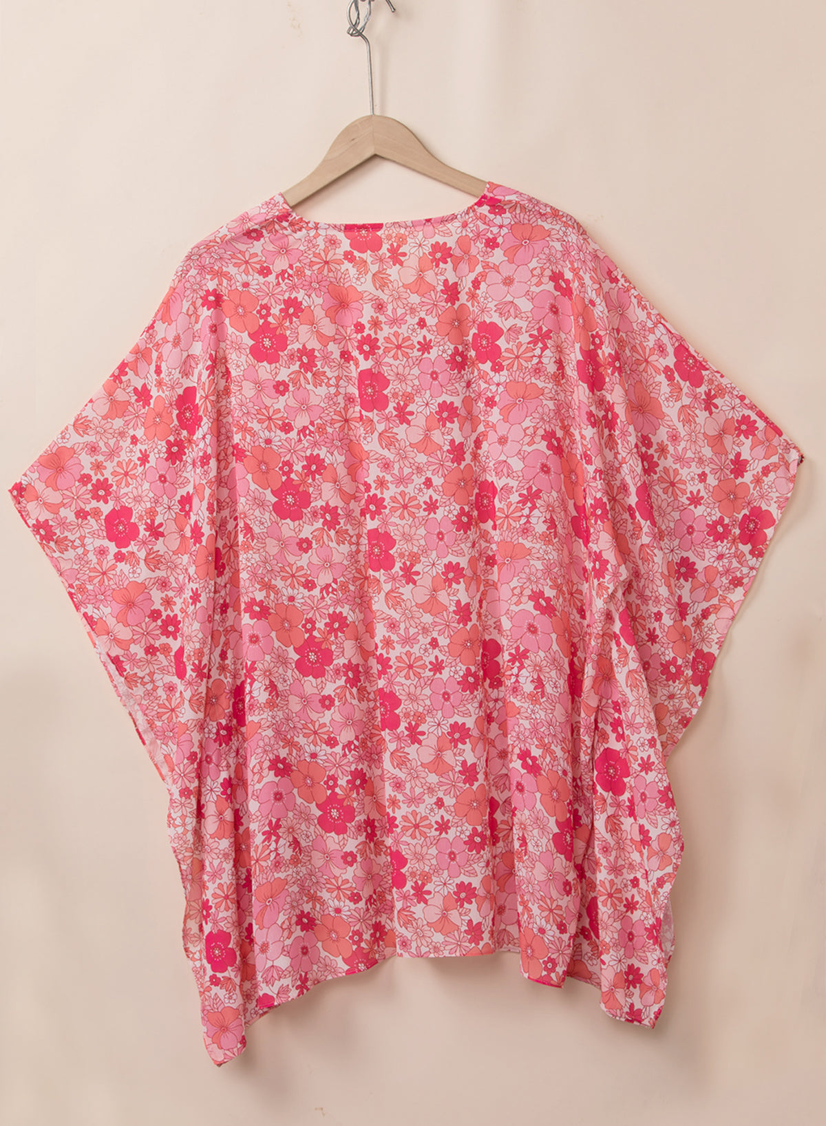 Pink Boho Floral Print V Neck Oversized Blouse