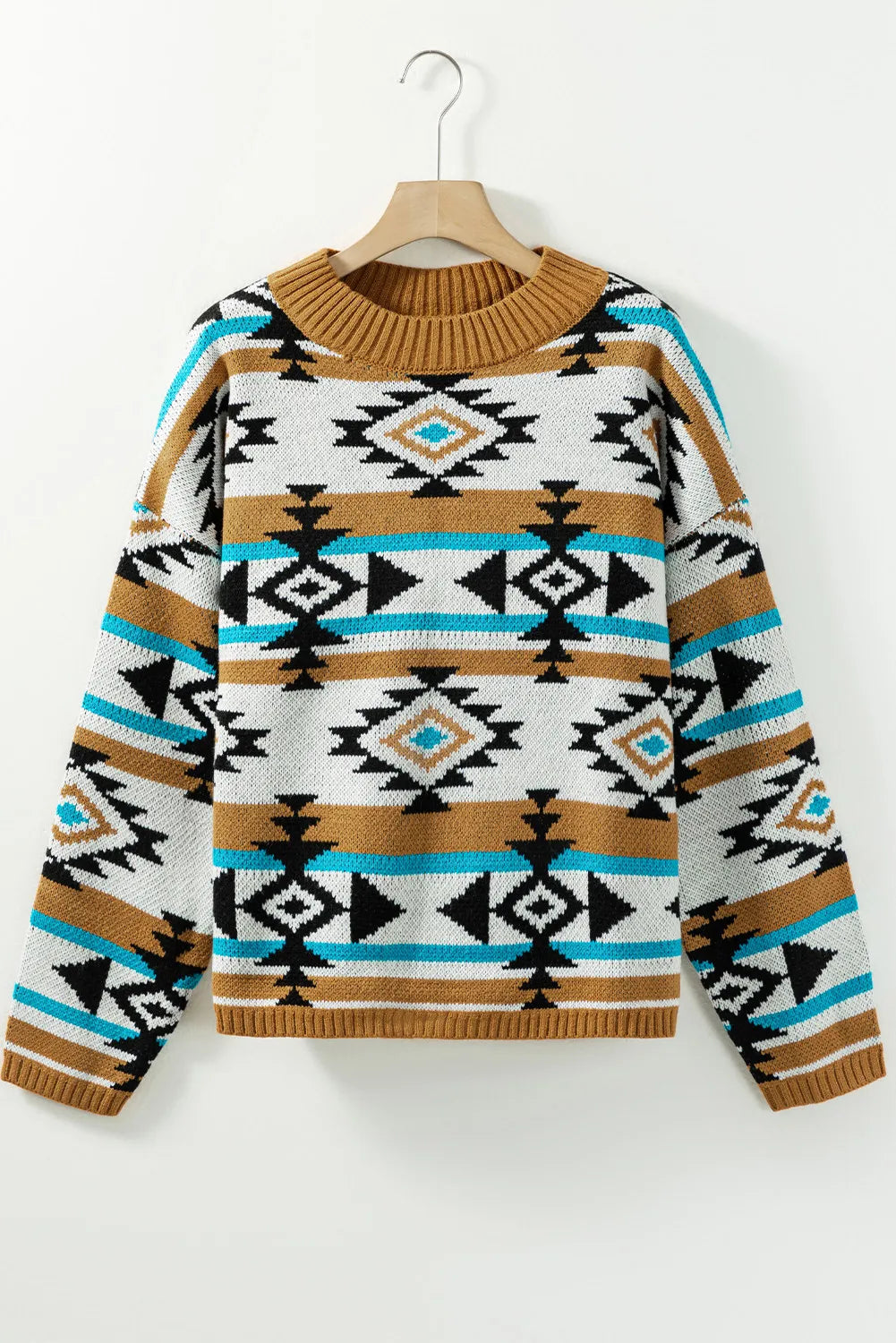 Full Size Geometric Round Neck Long Sleeve Sweater