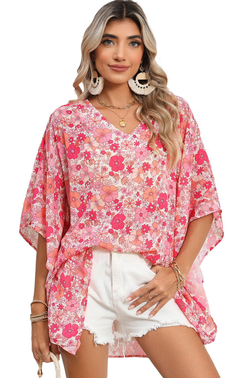 Pink Boho Floral Print V Neck Oversized Blouse