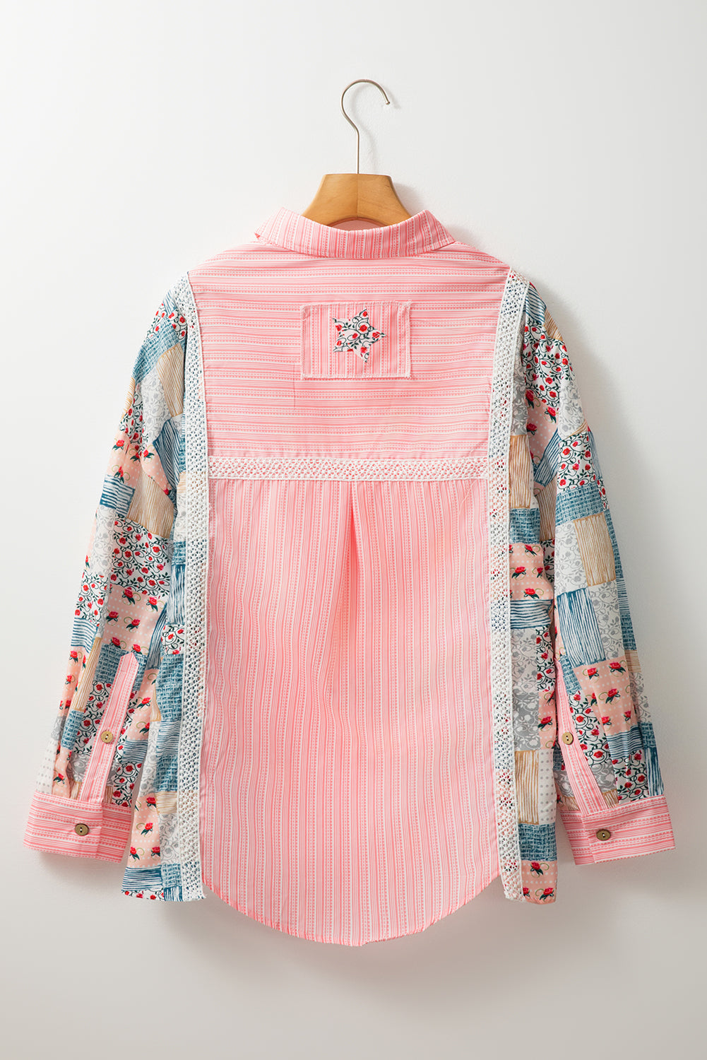 Pink Stripe Floral Patchwork Loose Fit Shirt