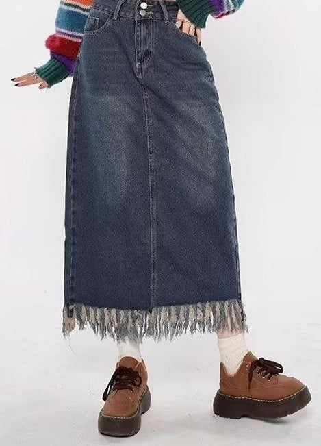 Tassel Half-length Denim Women's Hong Kong Style Autumn High Waist Slimming A- Line Long Overknee Skirt