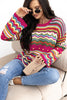 Rose Red Colorblock Striped Hollowed Knit Loose Sleeve Sweater