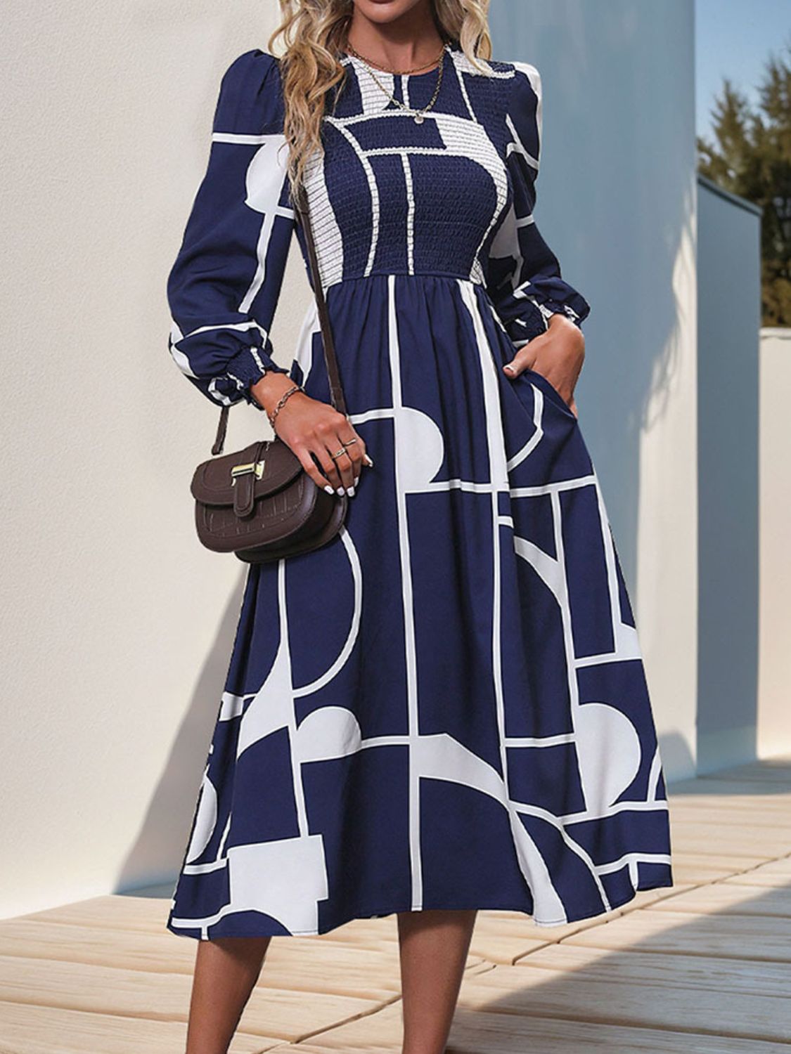 Perfee Smocked Color Block Long Sleeve Midi Dress