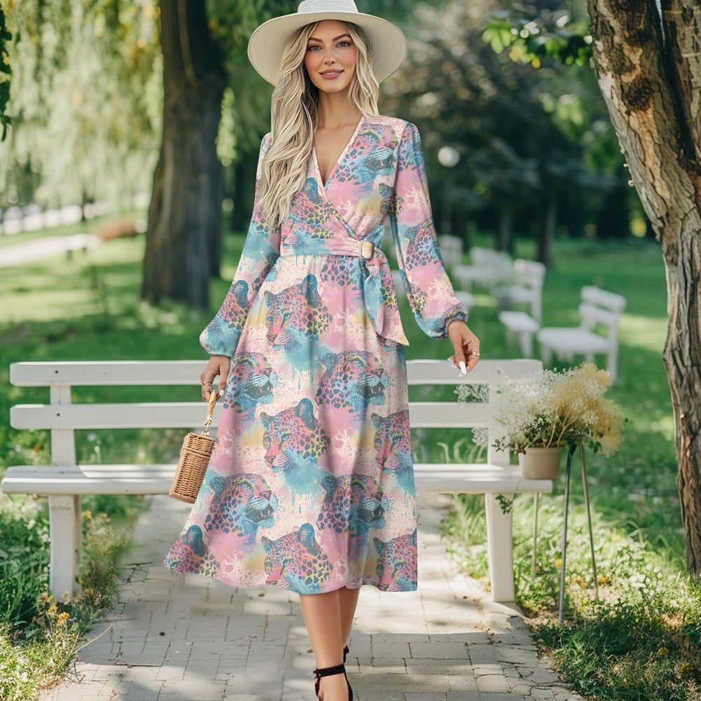 Pastel Leopard Long Sleeve Dress with Waist Tie - Perfect for Any Occasion