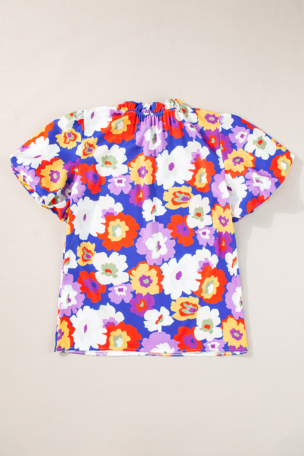 Multicolour Floral Print Frill Neck Puff Sleeve Blouse