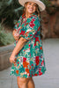 Sky Blue Plus Size Floral Print Puff Sleeve Tie Neck Tunic