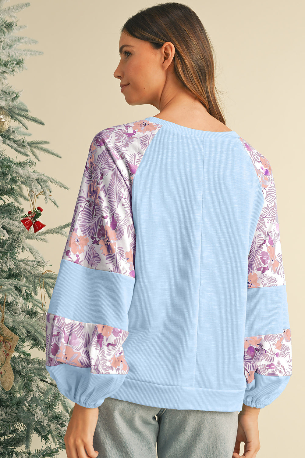 Apricot Crinkle Rib Floral Patchwork Balloon Sleeve Top