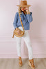 Dusk Blue Denim Button Front Ruffle Decor Long Sleeve Blouse