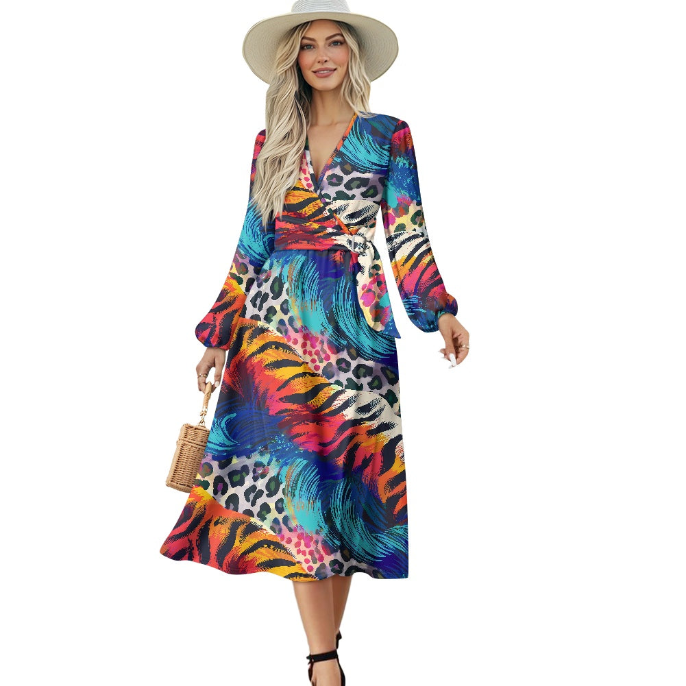 Leopard Zebra Waist Long Sleeve Tie Dress