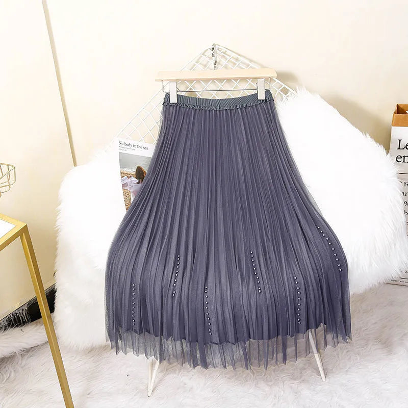 Double Sides Wear Gold Velvet Skirt Female Autumn Winter High Elastic Waist Beading Elegant Skirt Women Velvet Pleated Skirts