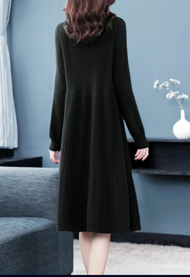 Sweater Dress Mid-Calf Long Chic Female Dresses A-Line Embroidered Wool Knitted Dresses