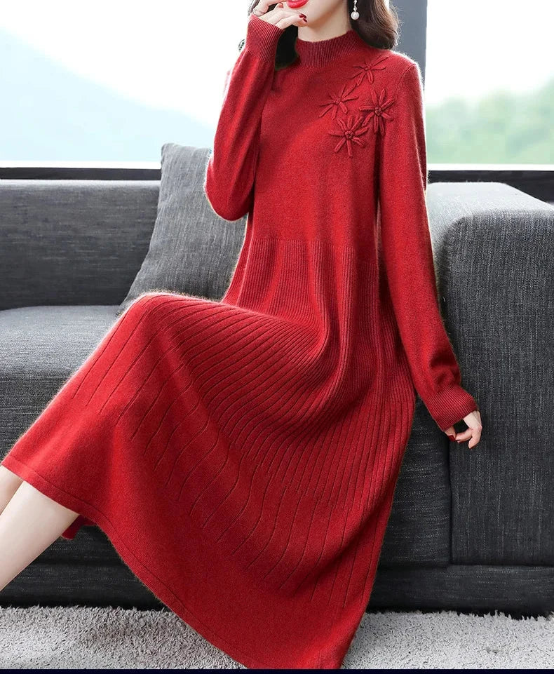 Sweater Dress Mid-Calf Long Chic Female Dresses A-Line Embroidered Wool Knitted Dresses