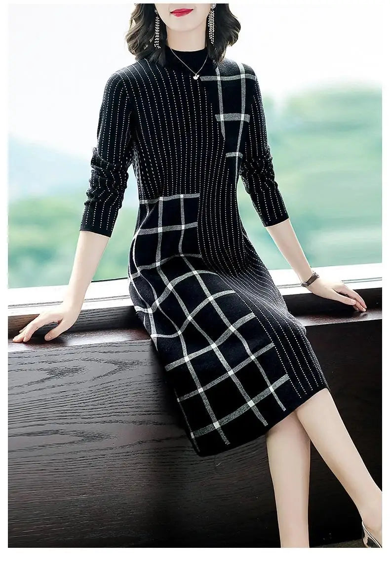 Knitted Sweater Dress Female Autumn Winter Dress Long Sleeve Half Turtleneck Sweater Women Dress Office Lady Casual Mid Dress