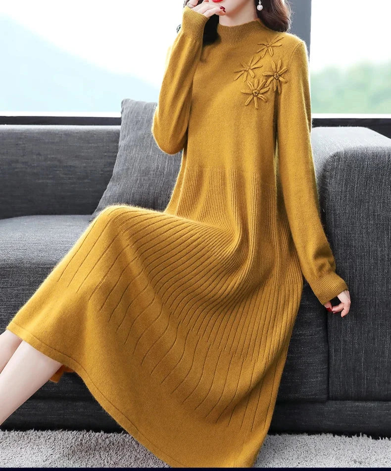 Sweater Dress Mid-Calf Long Chic Female Dresses A-Line Embroidered Wool Knitted Dresses