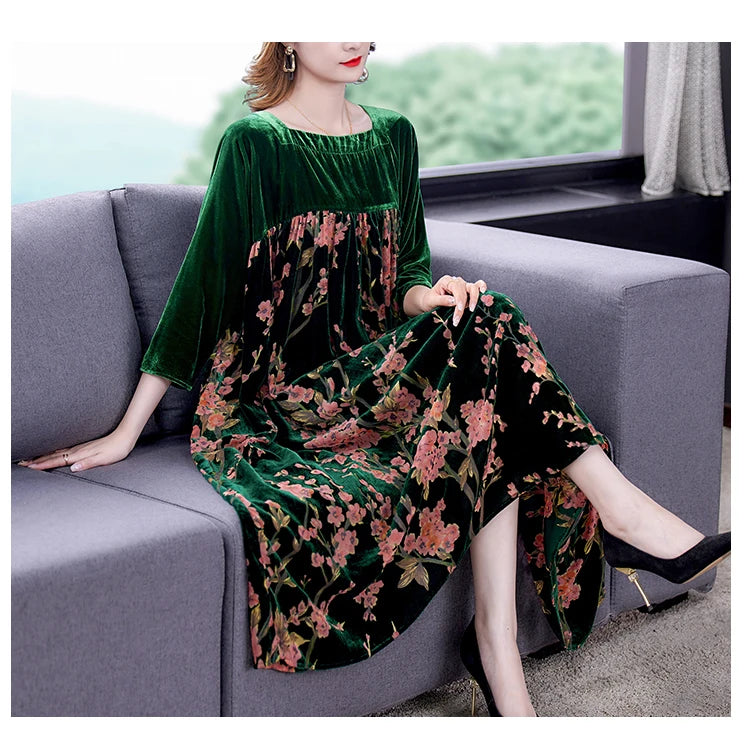 Velvet Dress Women 2024 New Casual Mom's Loose Maxi Robe  Long Sleeves Printing Winter Party Vestidos