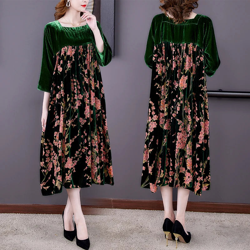 Velvet Dress Women 2024 New Casual Mom's Loose Maxi Robe  Long Sleeves Printing Winter Party Vestidos