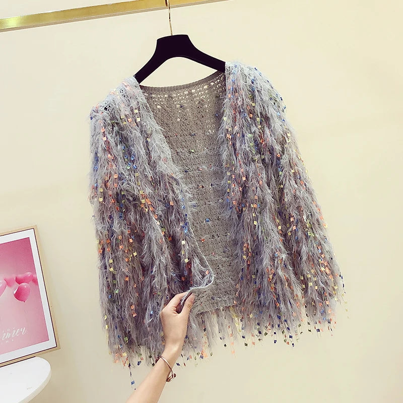 Furry Tassels Long-sleeved Knitted Cardigan Women's Autumn/winter Casual Sweater Jacket