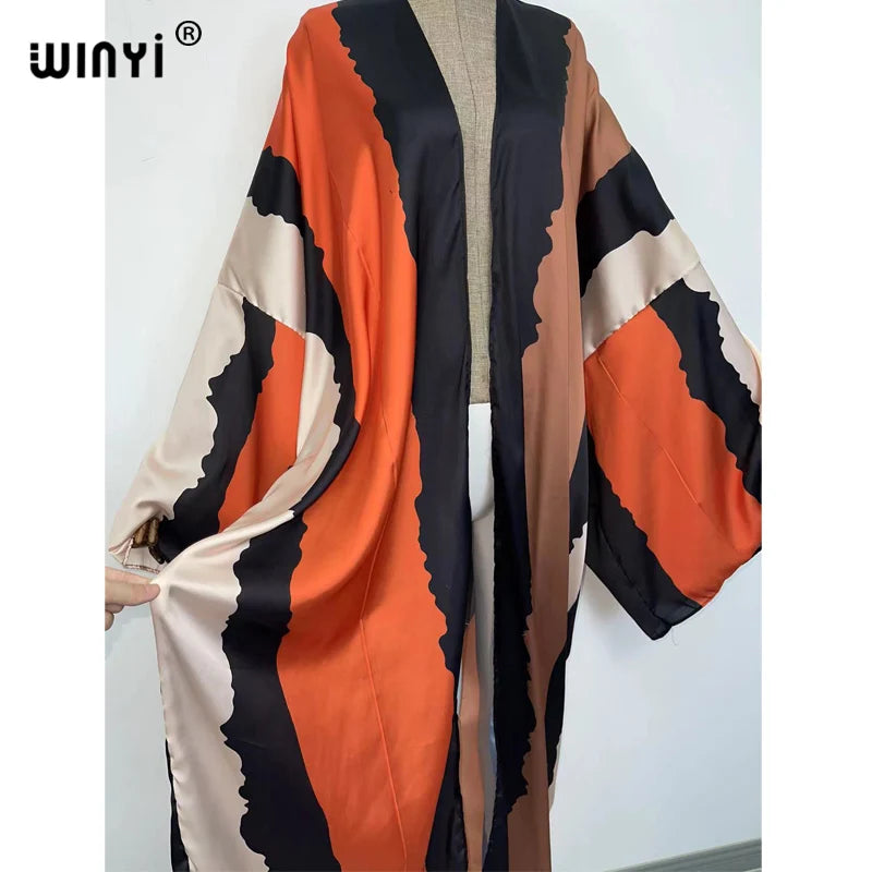 European 2022 WINYI Women Cardigan Loose Long Dress Cocktail Party Boho Maxi beach Holiday Batwing Sleeve kimono Robe dress