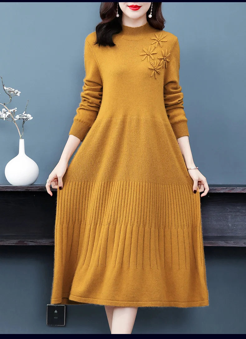 Sweater Dress Mid-Calf Long Chic Female Dresses A-Line Embroidered Wool Knitted Dresses