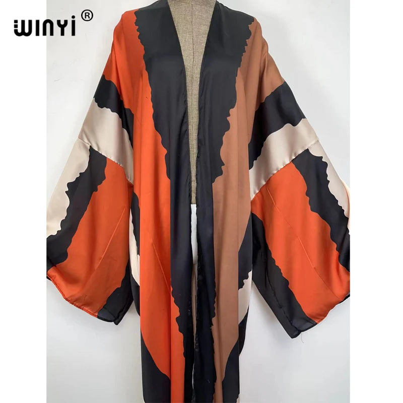 European 2022 WINYI Women Cardigan Loose Long Dress Cocktail Party Boho Maxi beach Holiday Batwing Sleeve kimono Robe dress