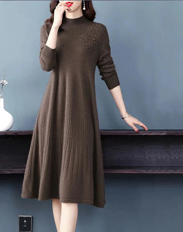 Sweater Dress Mid-Calf Long Chic Female Dresses A-Line Embroidered Wool Knitted Dresses